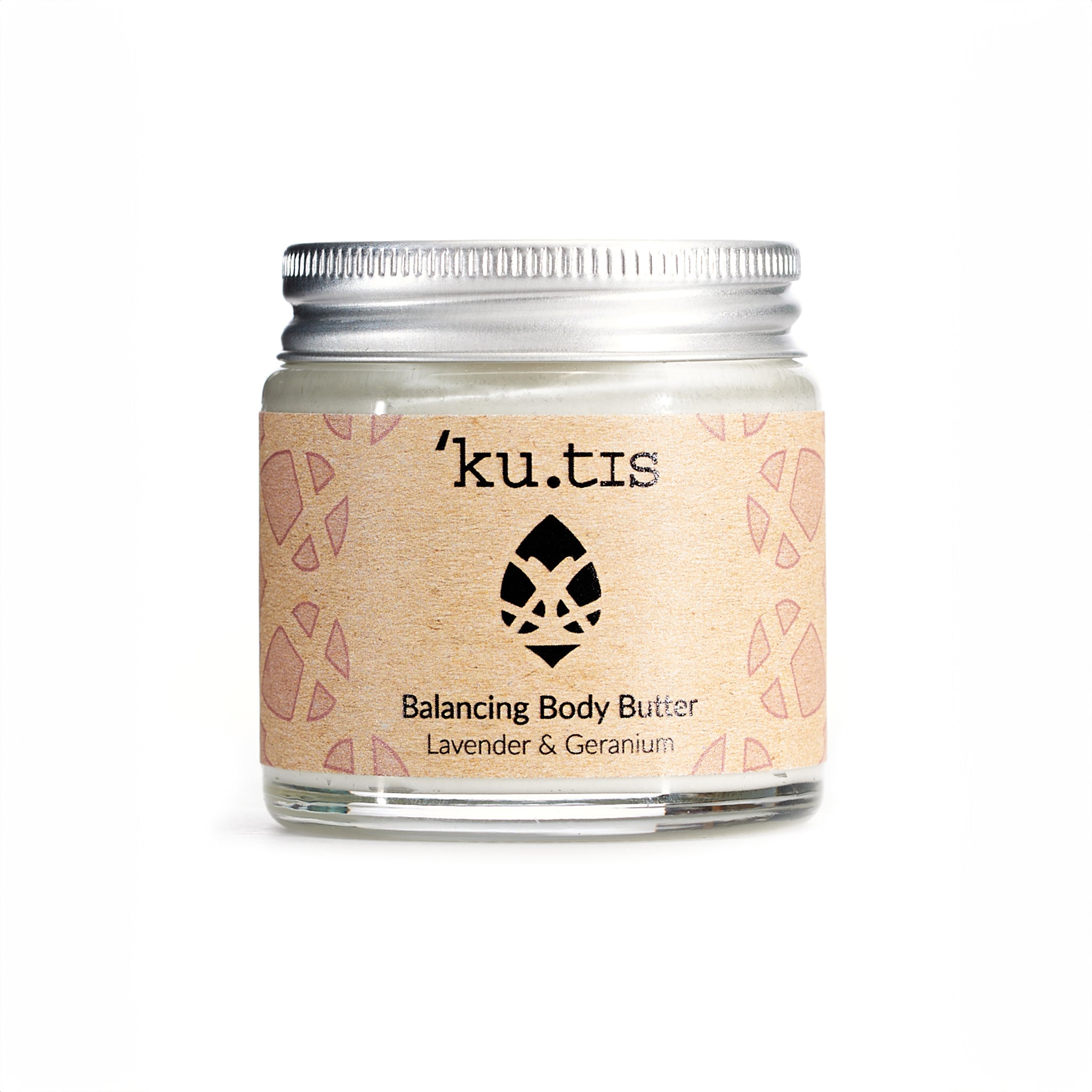 Natural lavender and geranium body butter moisturiser in a glass jar with an aluminium screw top silver lid.