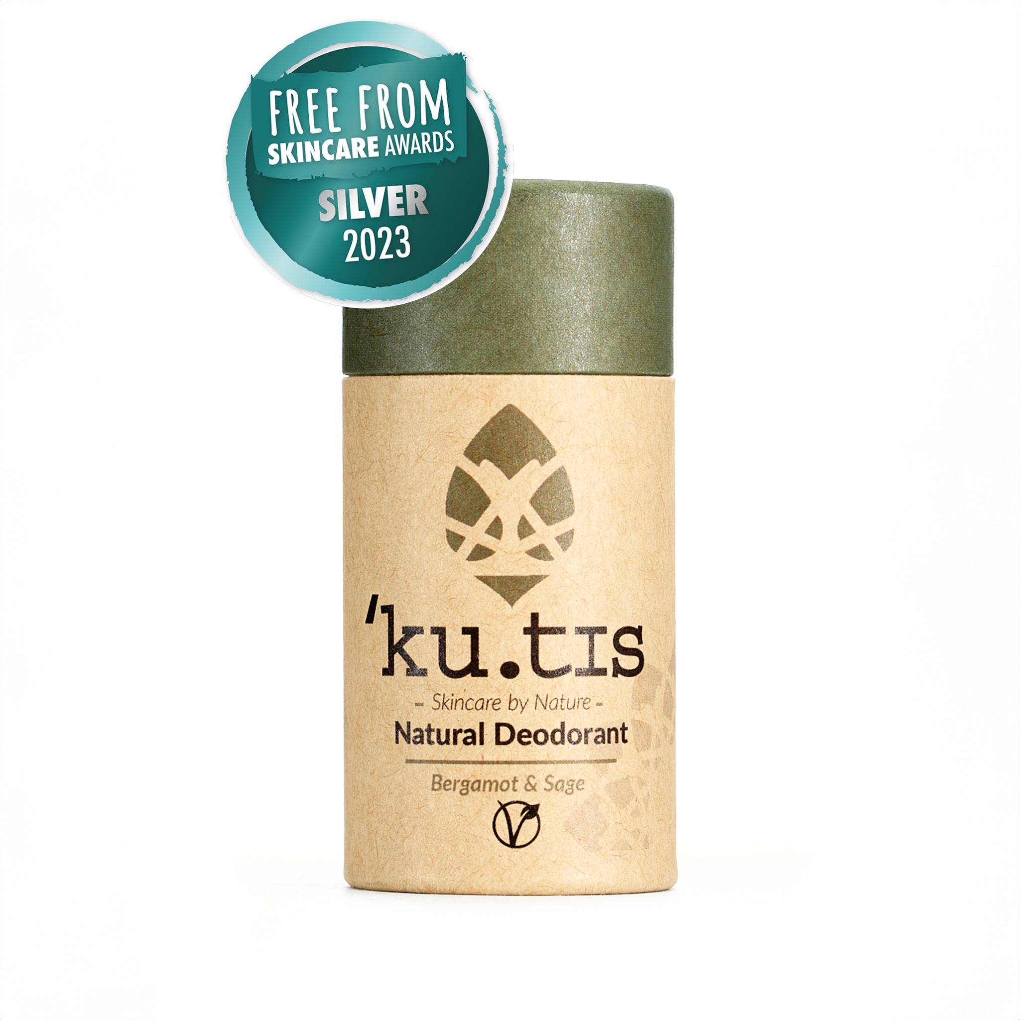 Natural bergamot and sage vegan deodorant stick packaged in an eco friendly cardboard push up tube. Award badge over image reads free from skincare awards silver 2023