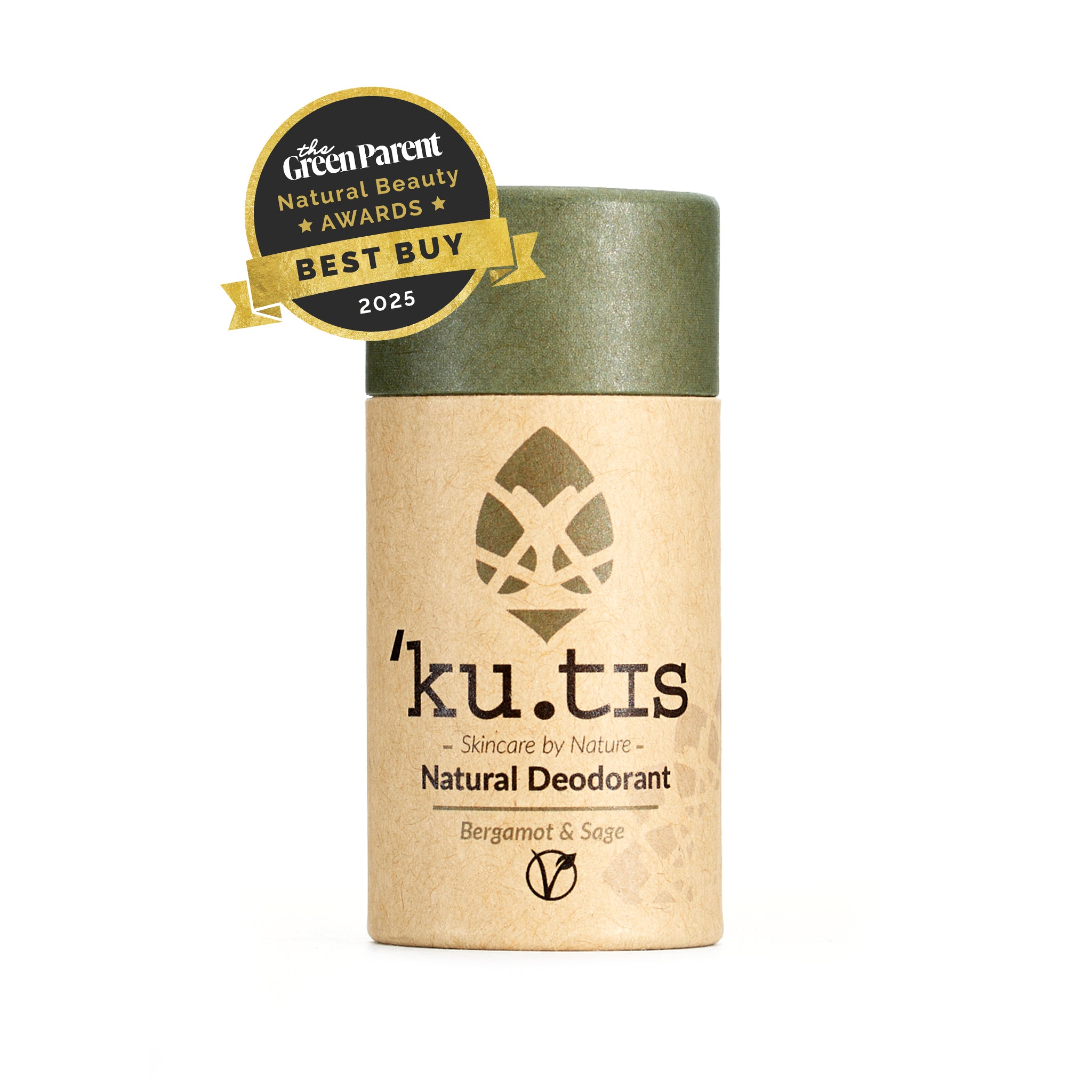 Kutis natural deodorant with Green Parent award on a white background