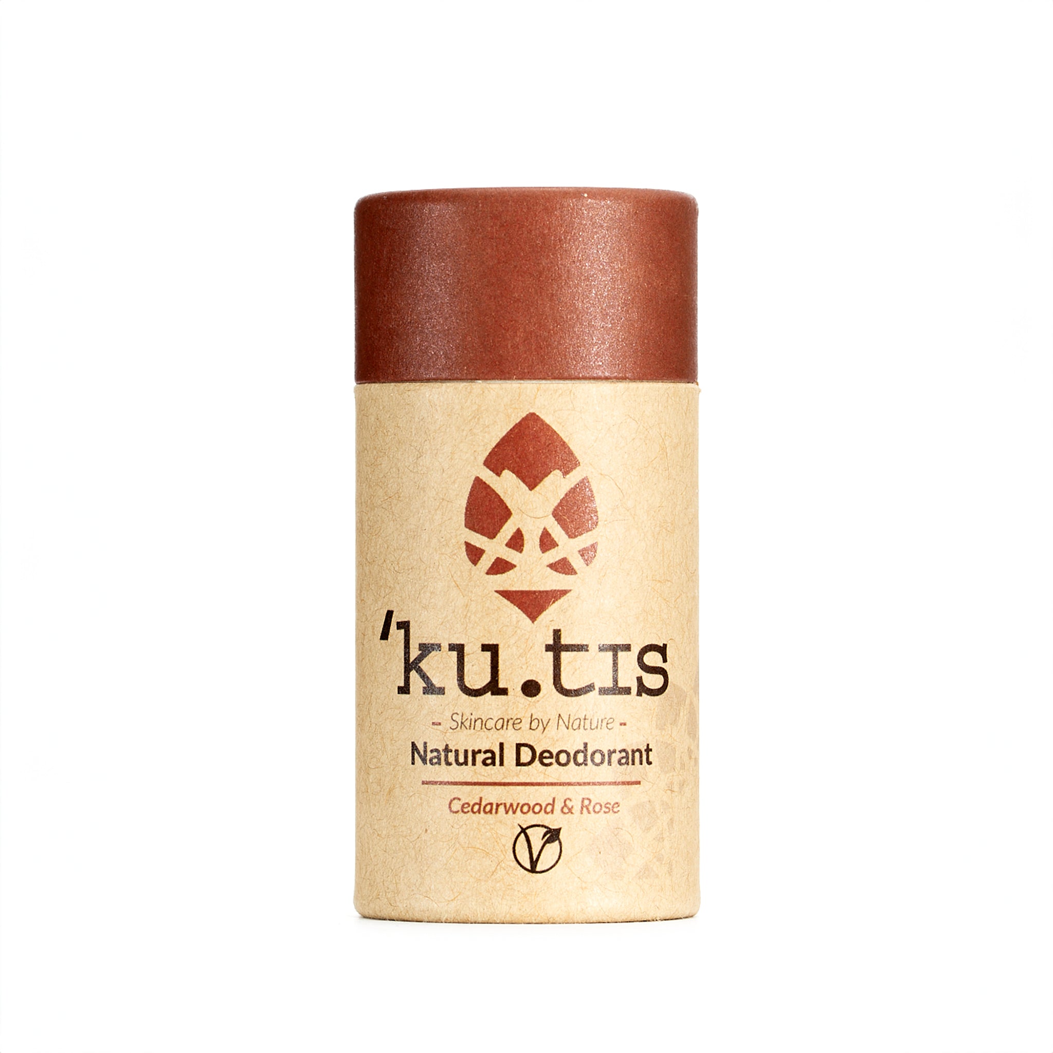 Natural cedarwood and rose vegan deodorant stick packaged in an eco friendly cardboard push up tube.