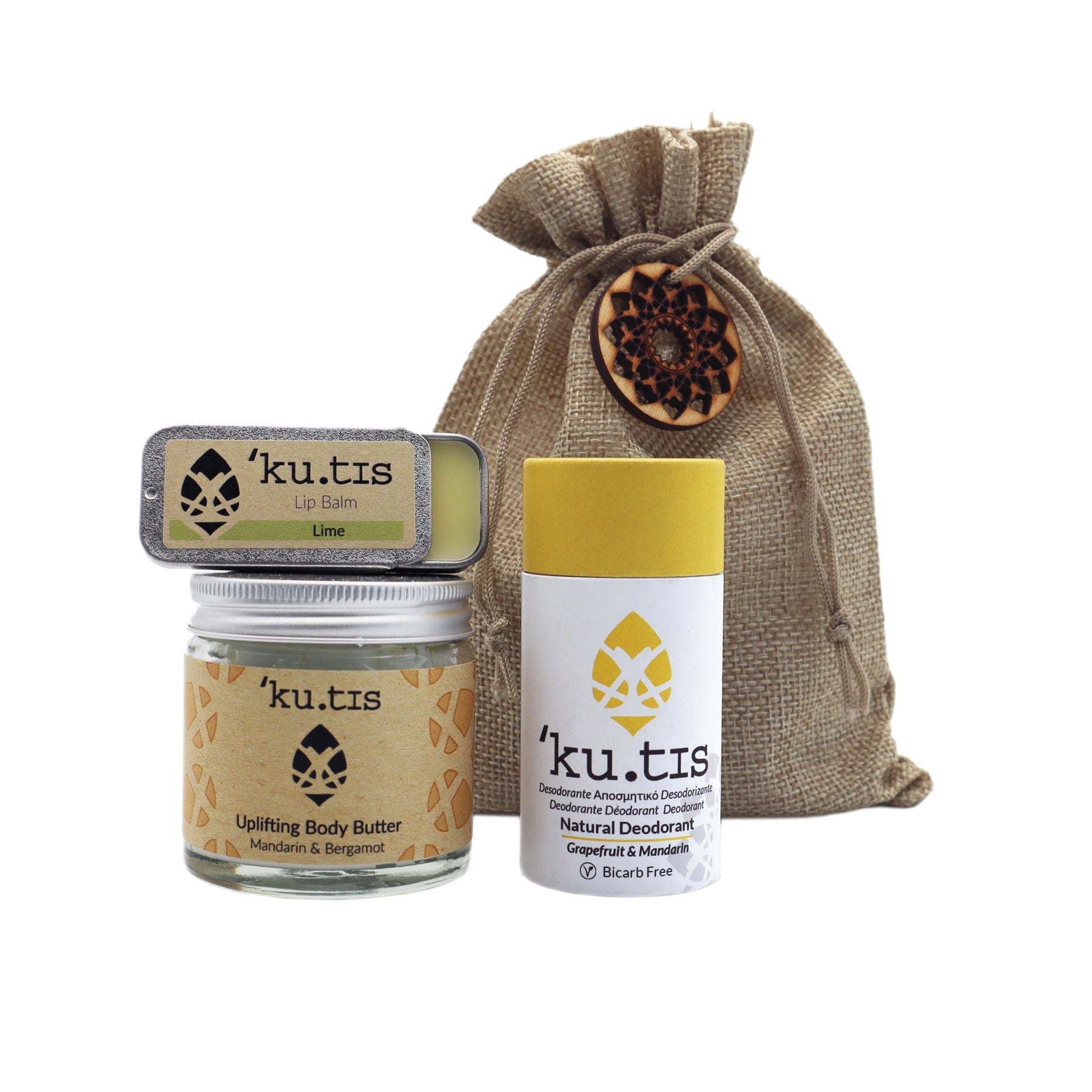 Hessian drawstring gift pouch containing lip balm, body butter and dedorant