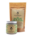 Natural detox washing grains in powder form in a glass jar with an aluminium screw top silver lid. Next to a kraft paper refill pouch.