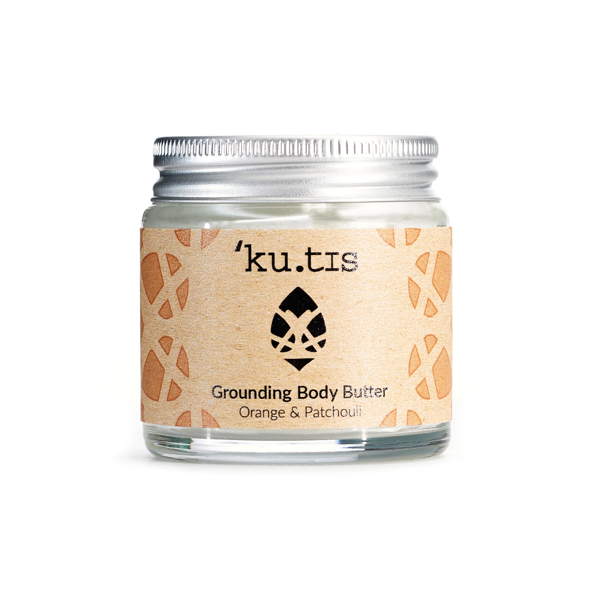 Natural orange and patchouli body butter moisturiser in a glass jar with an aluminium screw top silver lid.