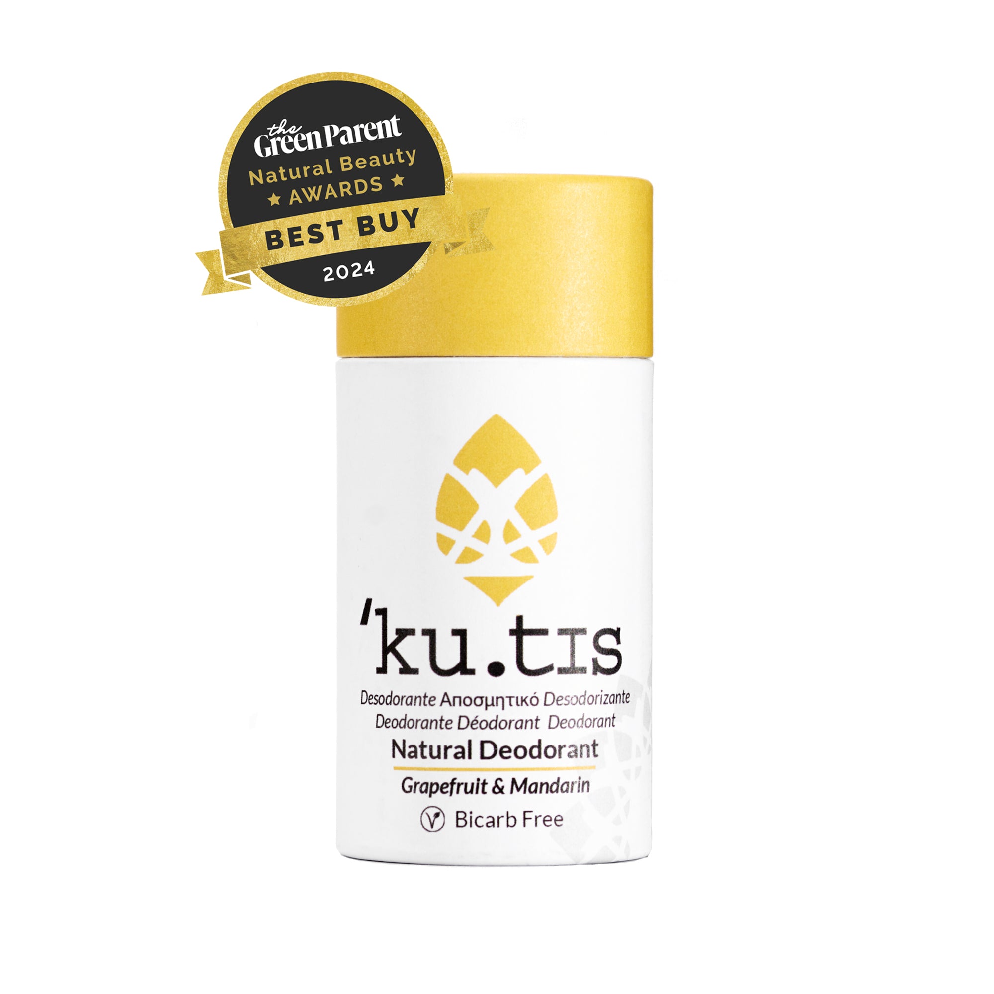 Kutis natural deodorant with a gold cap and 'Best Buy' award badge on a white background