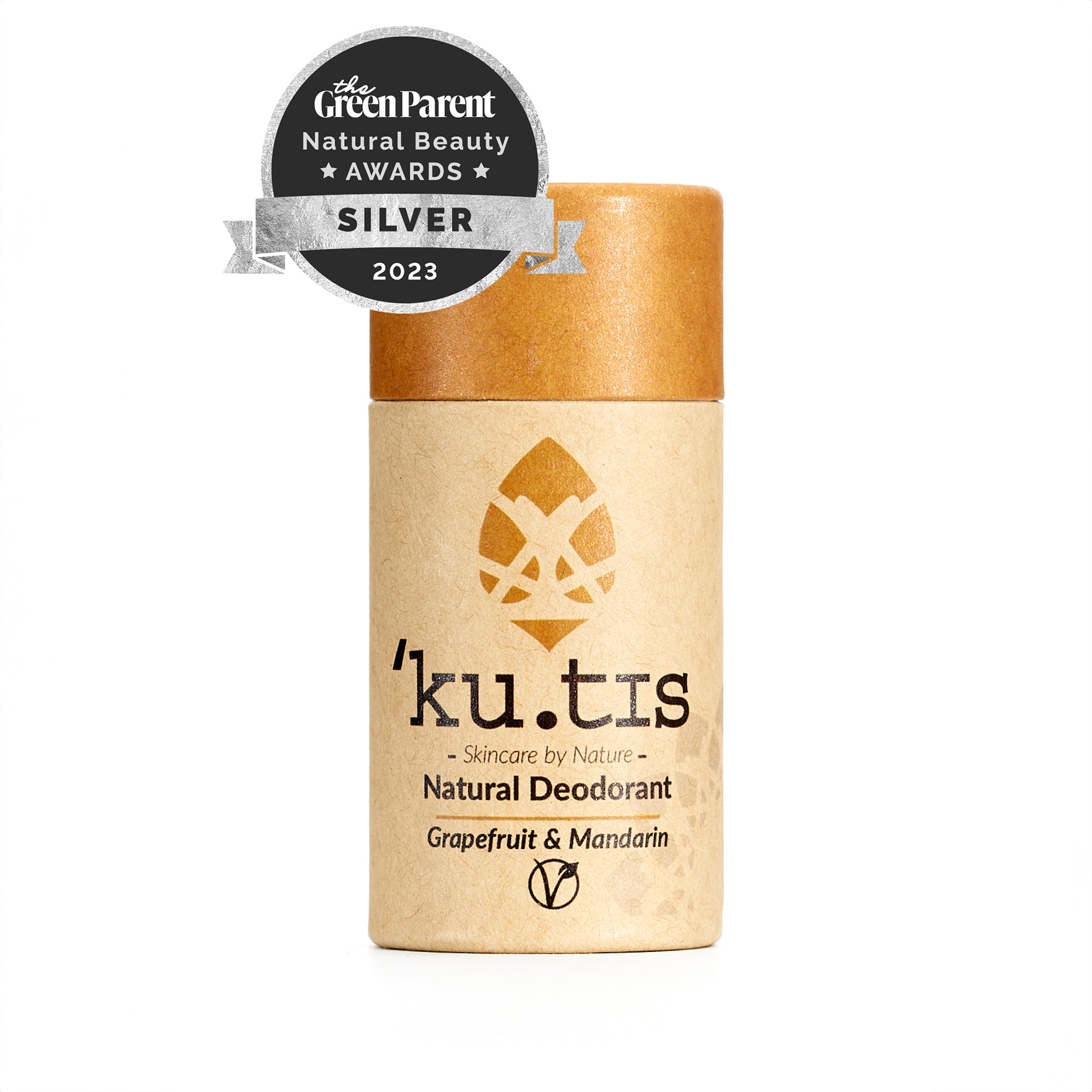 Natural grapefruit and mandarin vegan deodorant stick packaged in an eco friendly cardboard push up tube.