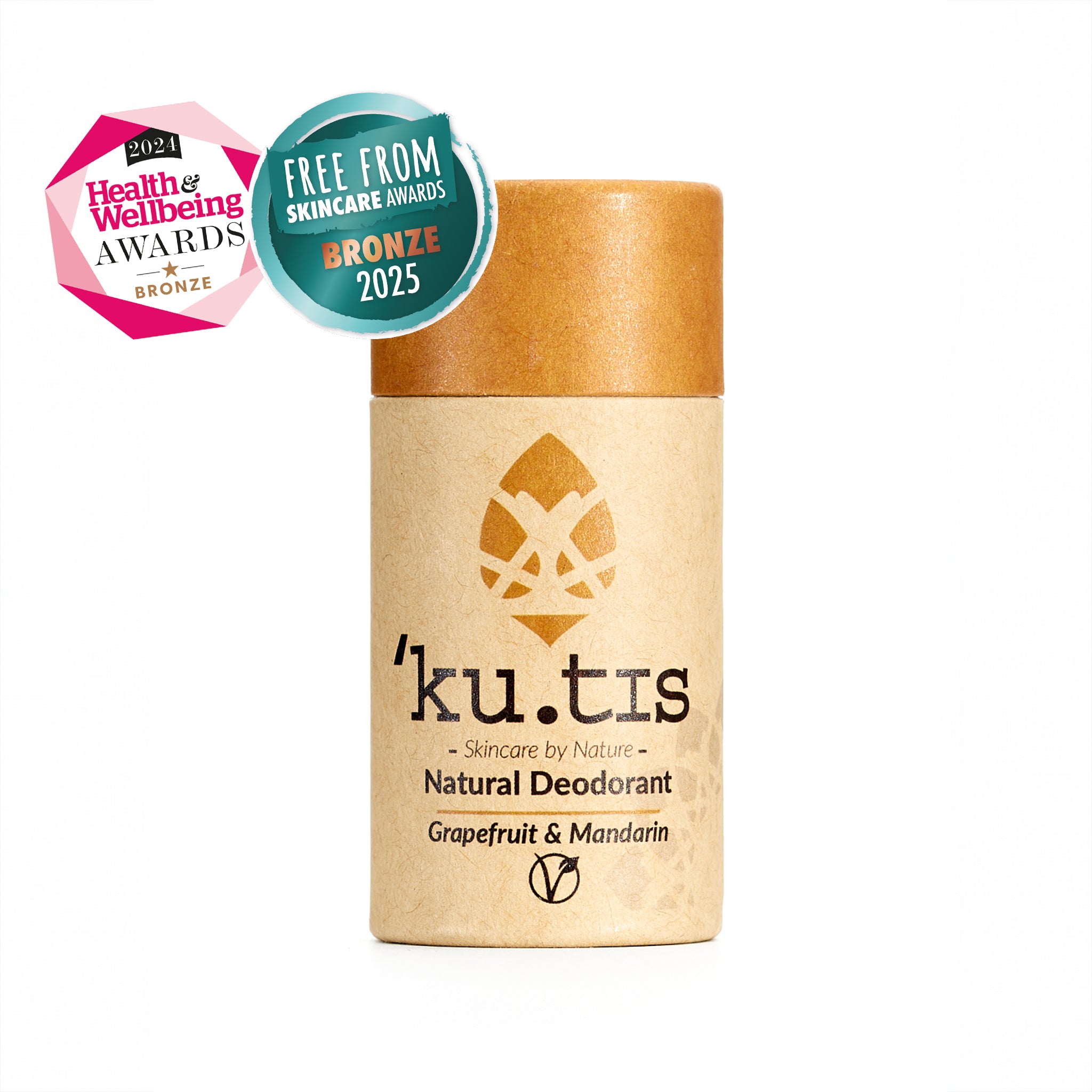 Kutis natural deodorant with awards on a white background