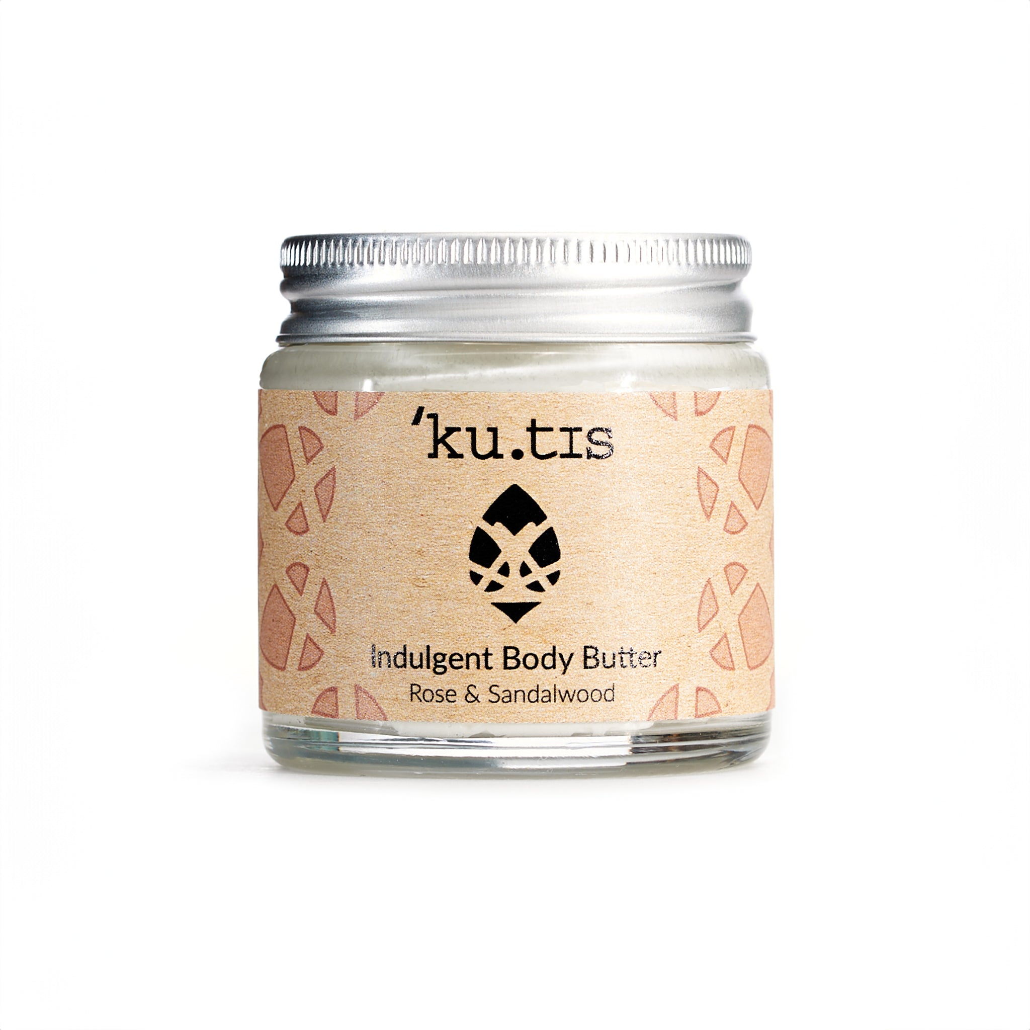 Natural Rose and oat body butter moisturiser in a glass jar with an aluminium screw top silver lid.