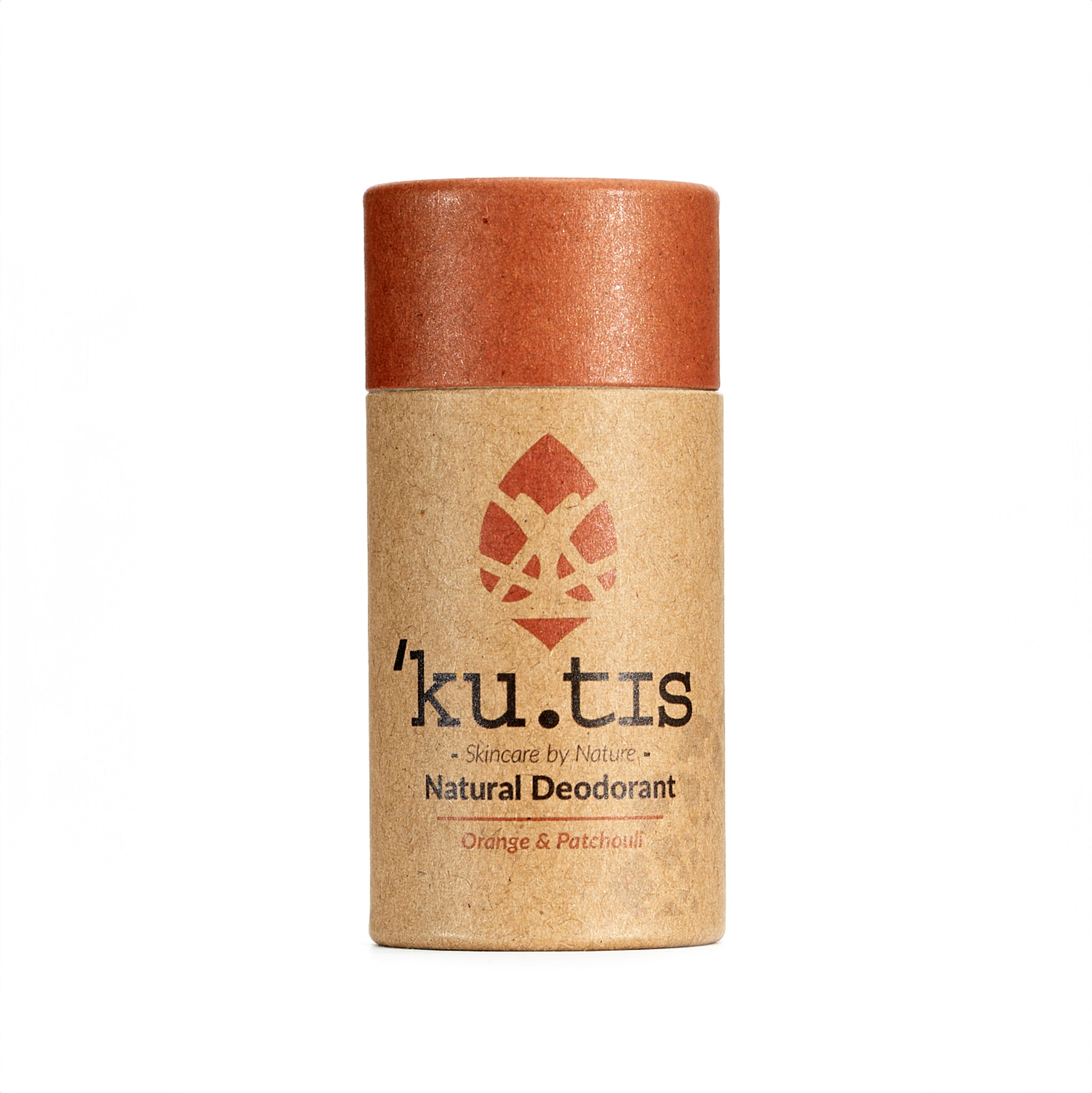 Natural orange and patchouli deodorant stick packaged in an eco friendly cardboard push up tube.