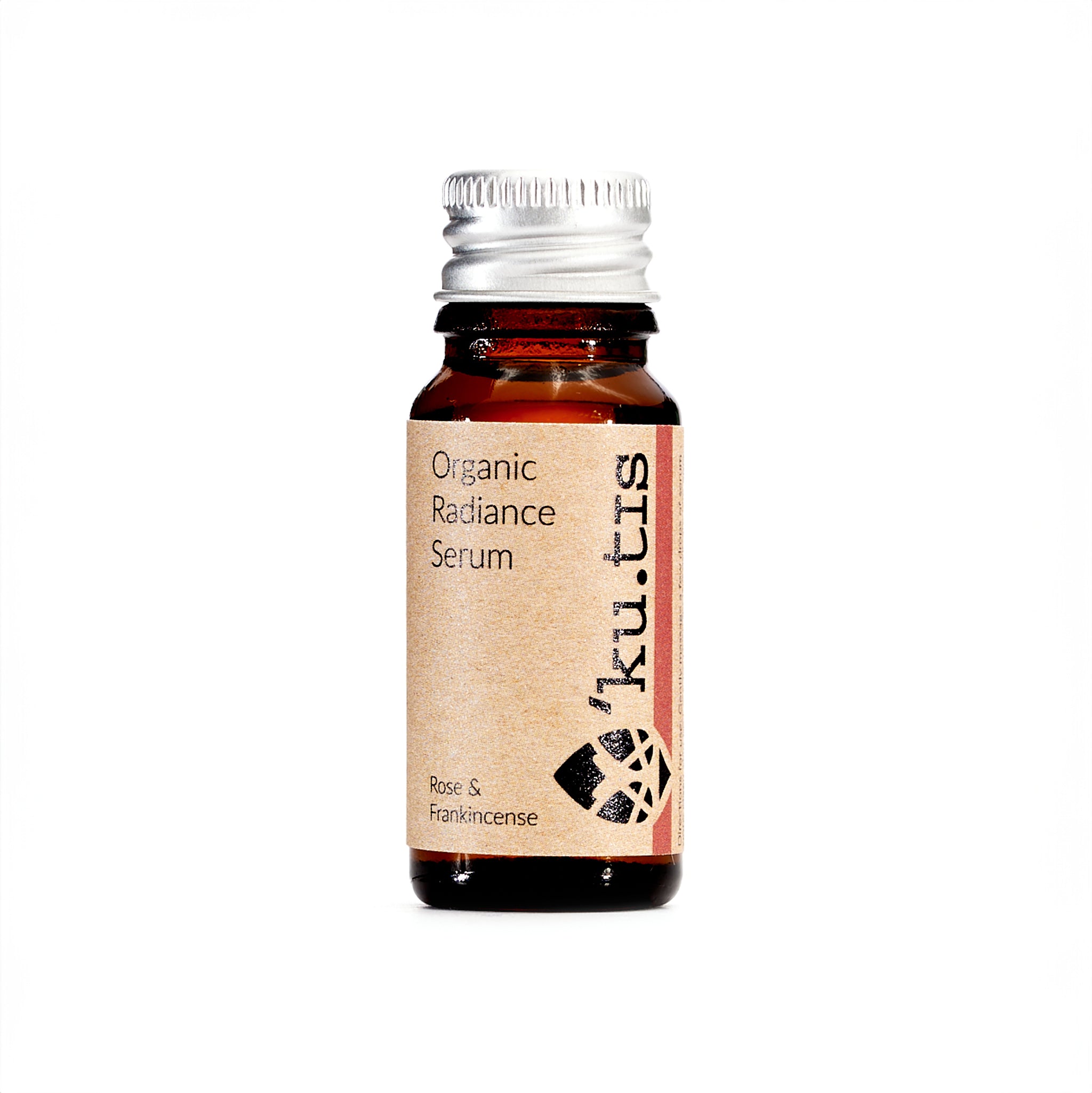 Natural organic radiance rose and frankinscense face oil serum in a glass bottle with aluminium cap