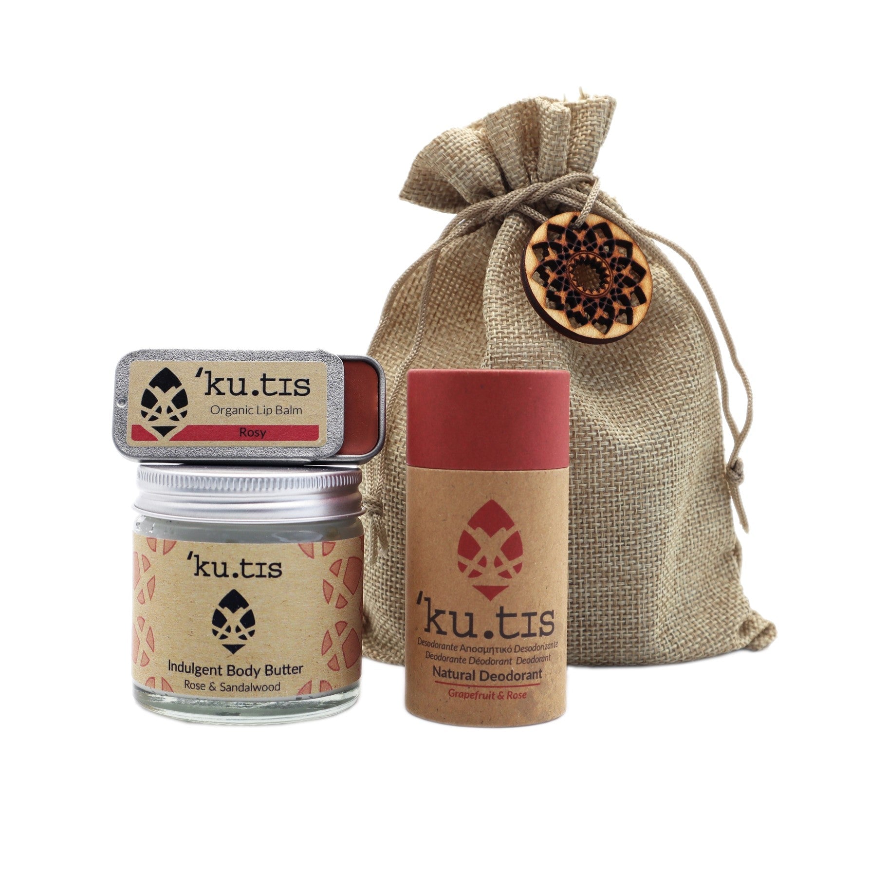 Hessian drawstring gift pouch containing lip balm, body butter and dedorant