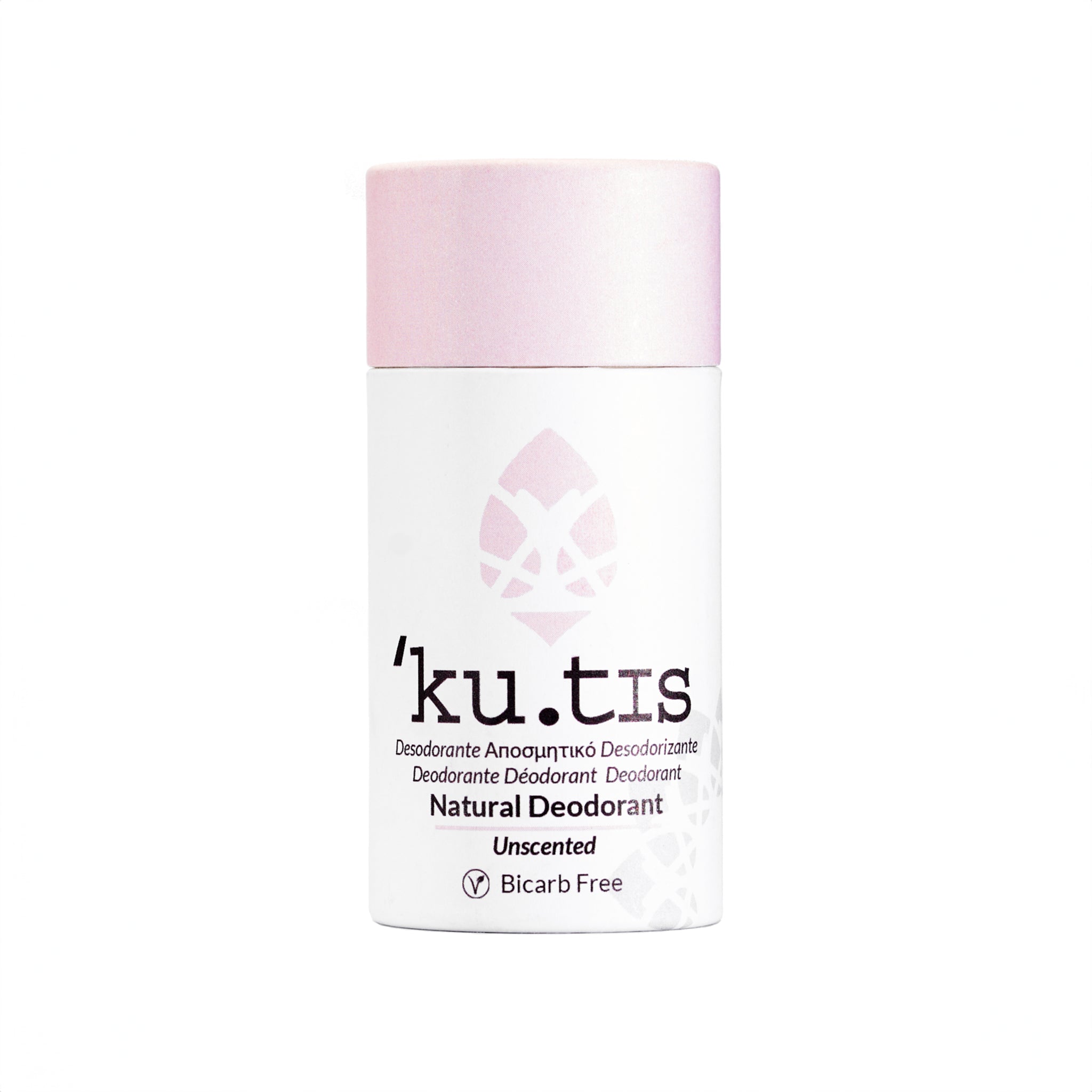 Natural unscented fragrance free bicarb free deodorant stick packaged in an eco friendly cardboard push up tube.