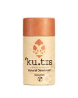 Natural unscented vegan deodorant stick packaged in an eco friendly cardboard push up tube.