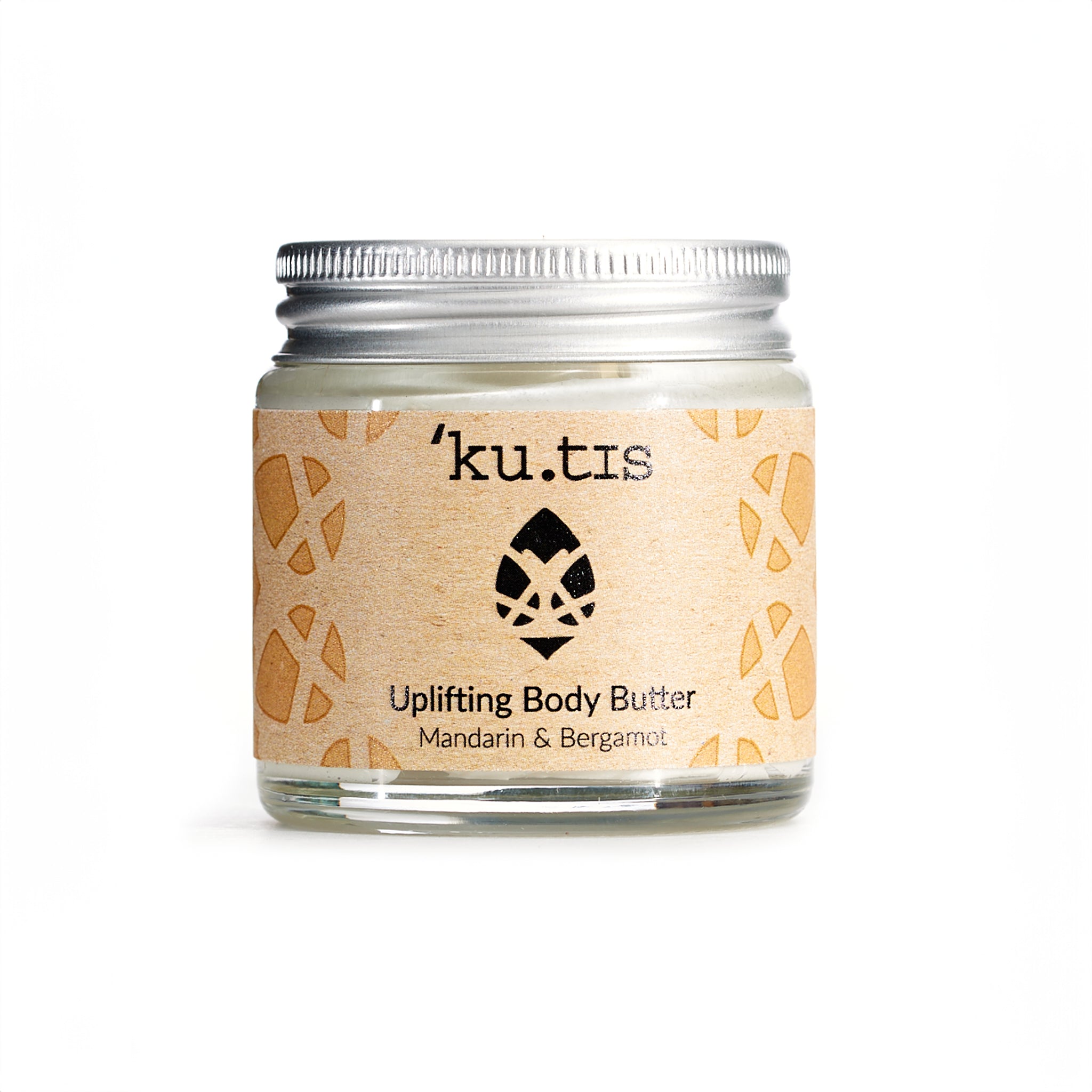 Natural mandarin and bergamot body butter moisturiser in a glass jar with an aluminium screw top silver lid.