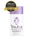 Natural lavender and bergamot bicarb free deodorant stick packaged in an eco friendly cardboard push up tube.Award badge over image reads the green parent natural beauty awards best buy