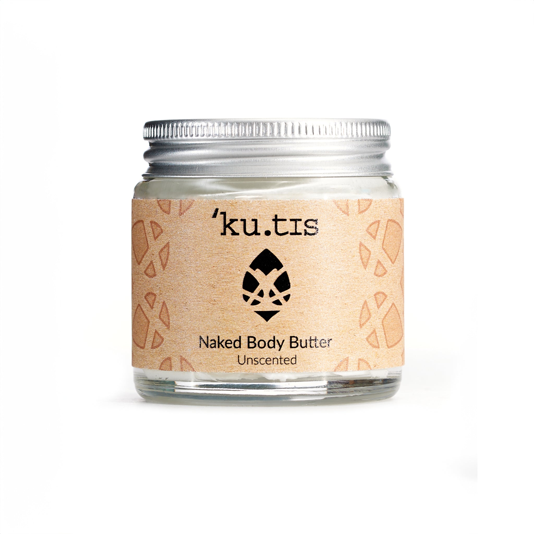 Natural unscented naked body butter moisturiser in a glass jar with an aluminium screw top silver lid.