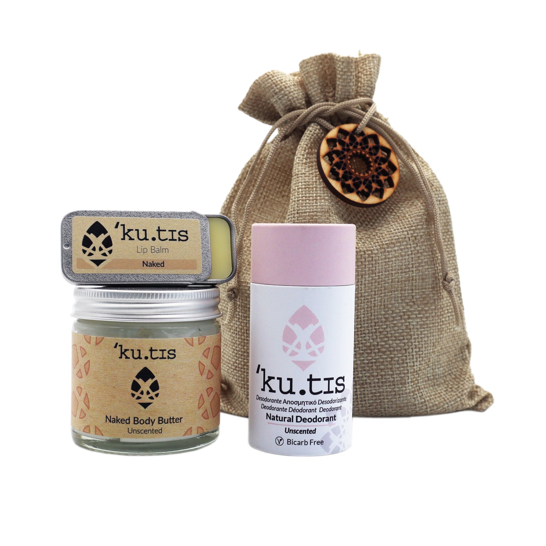 Hessian drawstring gift pouch containing lip balm, body butter and dedorant