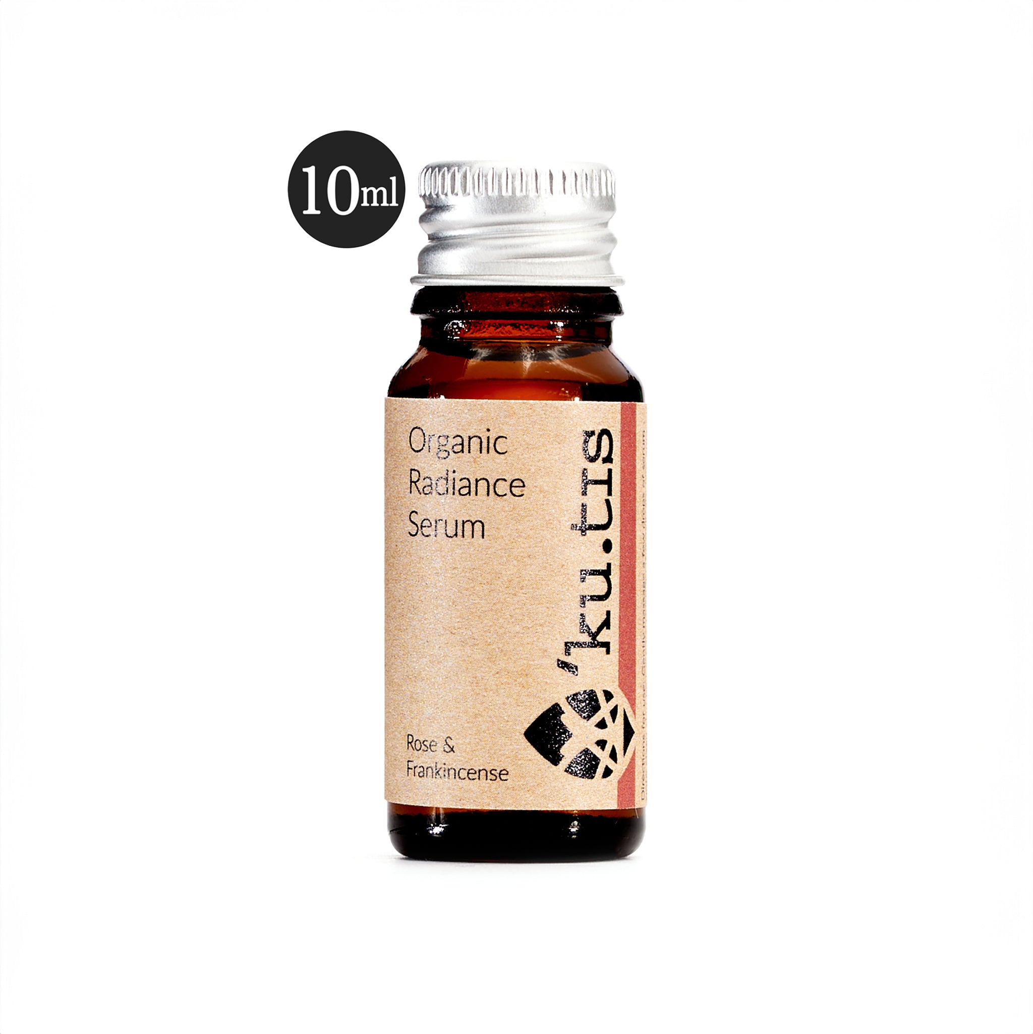 Natural organic radiance rose and frankinscense face oil serum in a glass bottle with aluminium cap