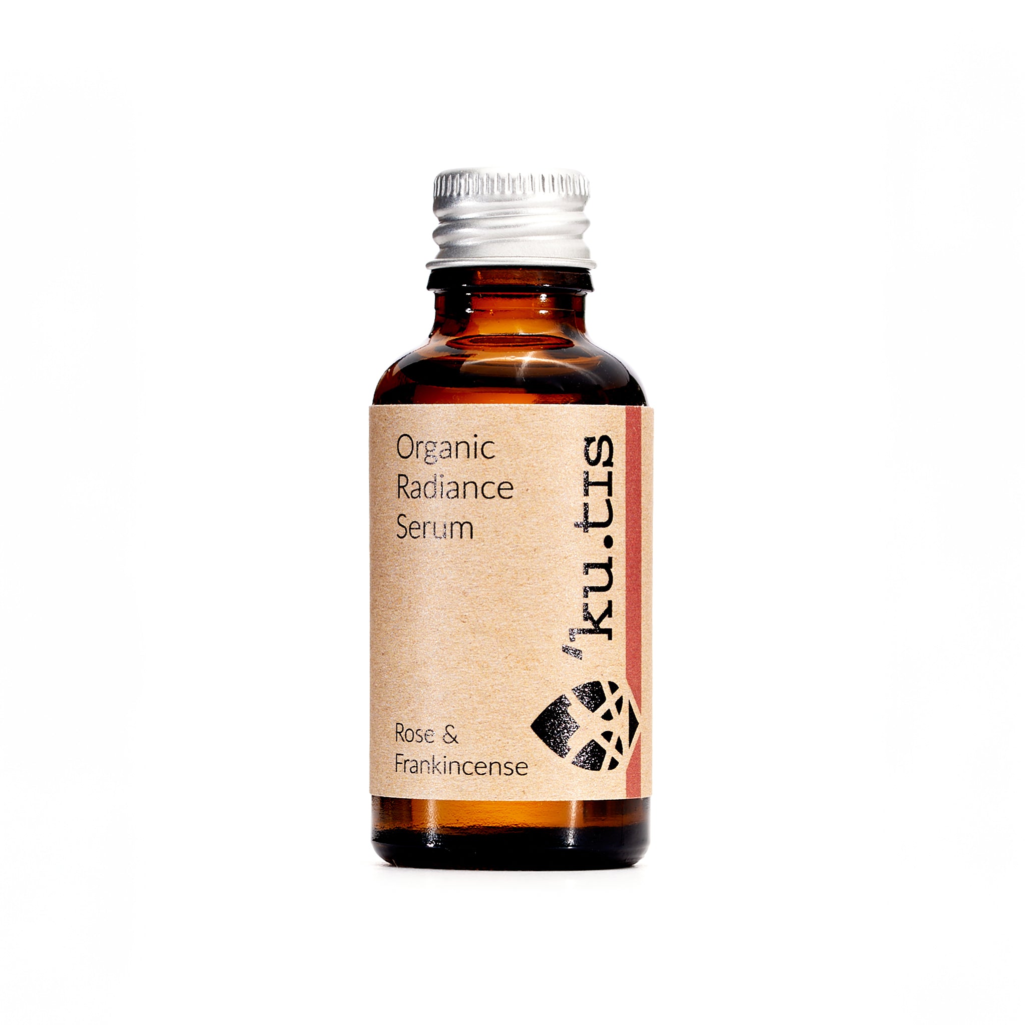Natural organic radiance rose and frankinscense face oil serum in a glass bottle with aluminium cap