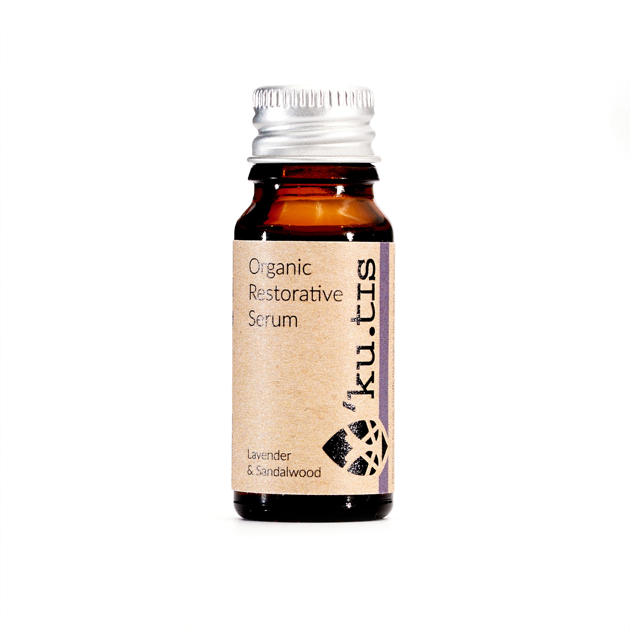 Natural organic restorative lavender and sandalwood face oil serum in a glass bottle with aluminium cap